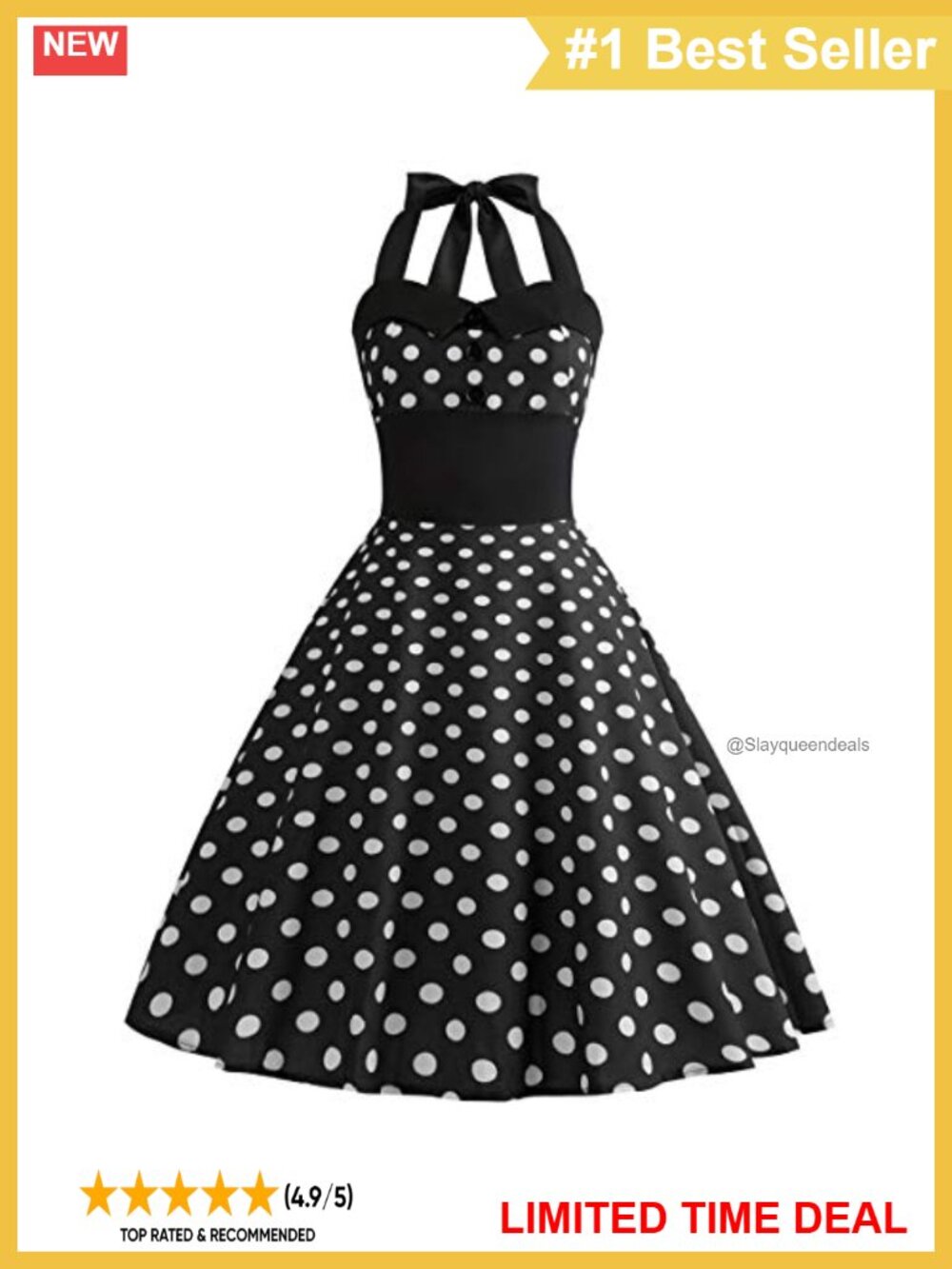 Vintage 1950s Polka Dot Halter Swing Dress Button Midi